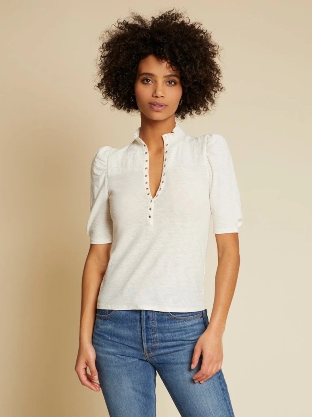 Nation LTD Pietra High Neck Snap Tee with Puffed Sleeves